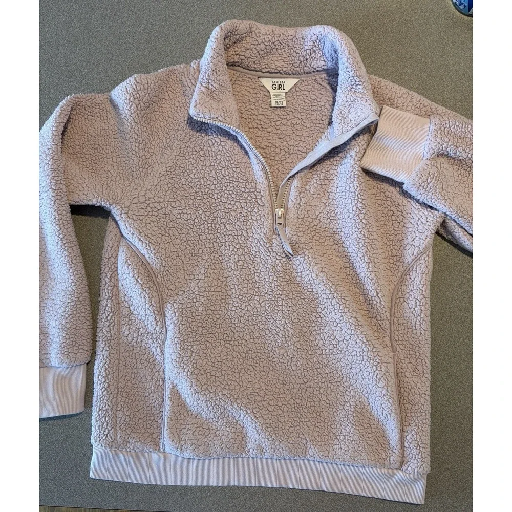 Athleta Girl So Snug Sherpa Half Zip Size XL/ 14‎ Lilac Thumb Holes. Pockets